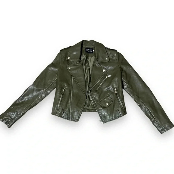 Flamant Rose Olive Green Cropped Silver Hardware Details Faux Leather Jacket - Picture 13 of 16